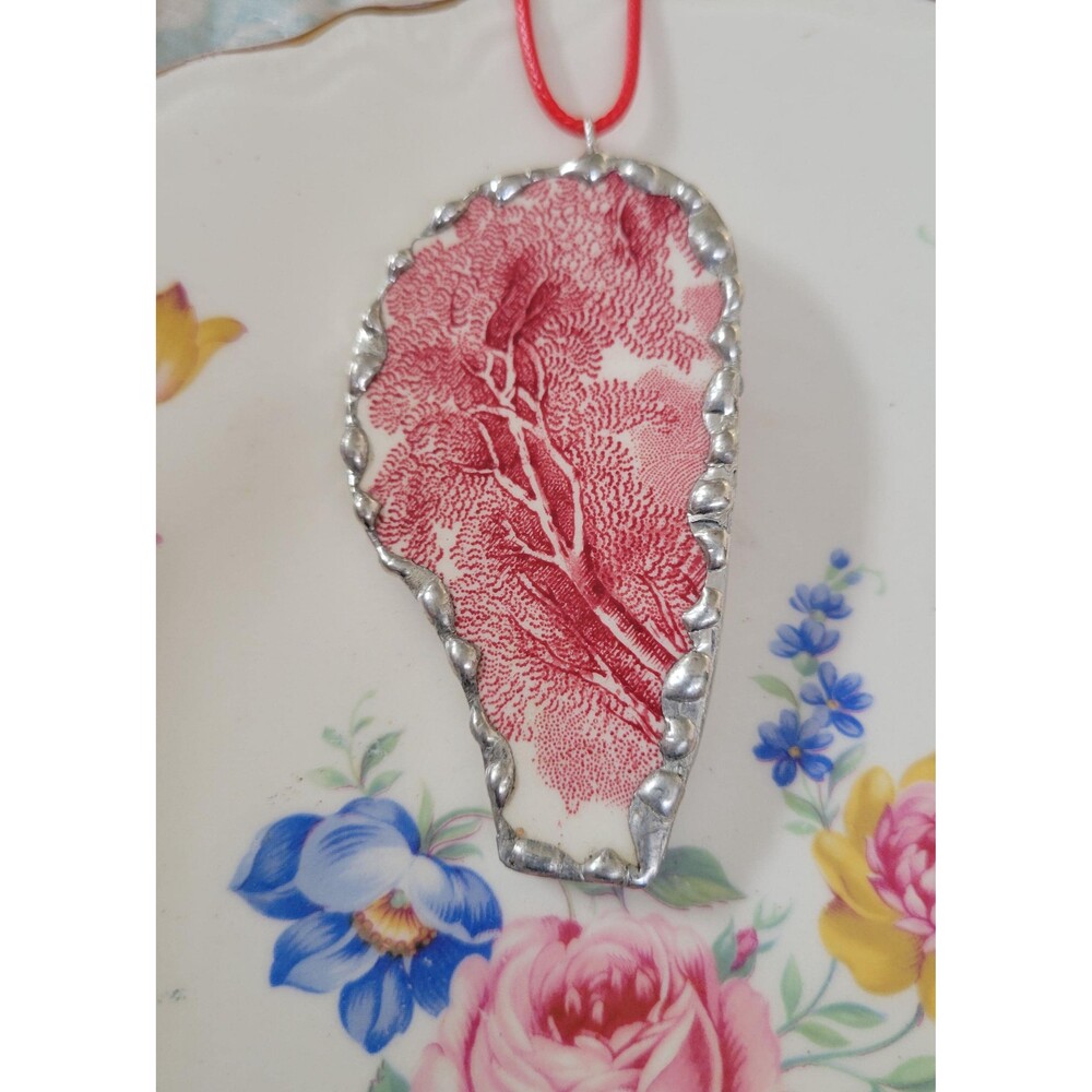 Handmade Broken China Soldered Pendant – Mason’s Vista Red Floral Transferware